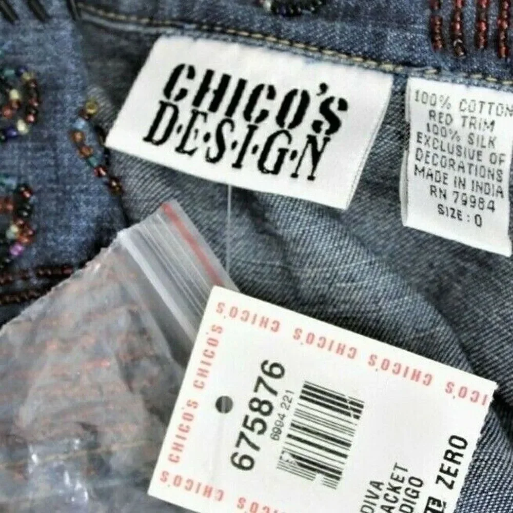Chico's Denim Jacket Beaded Applique Embroidered Embellished Blue Women's Size 4 - Picture 9 of 11